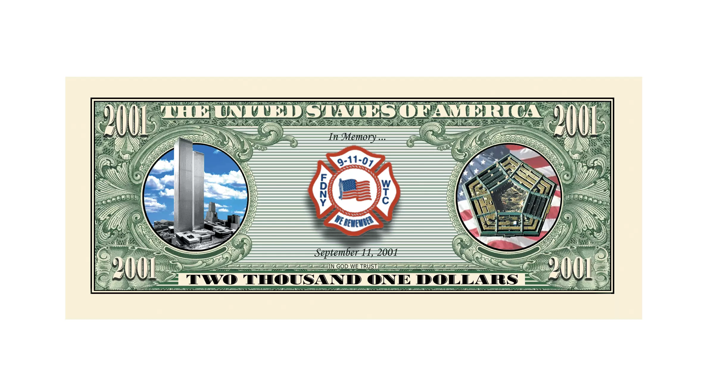 2001 Firefighter Collectible Novelty Dollar Bill - Image 3