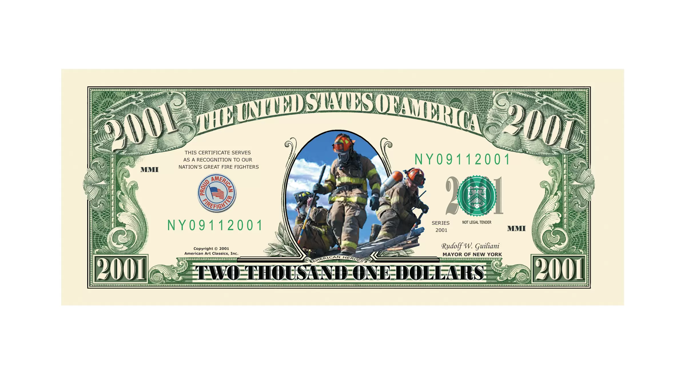 2001 Firefighter Collectible Novelty Dollar Bill - Image 2
