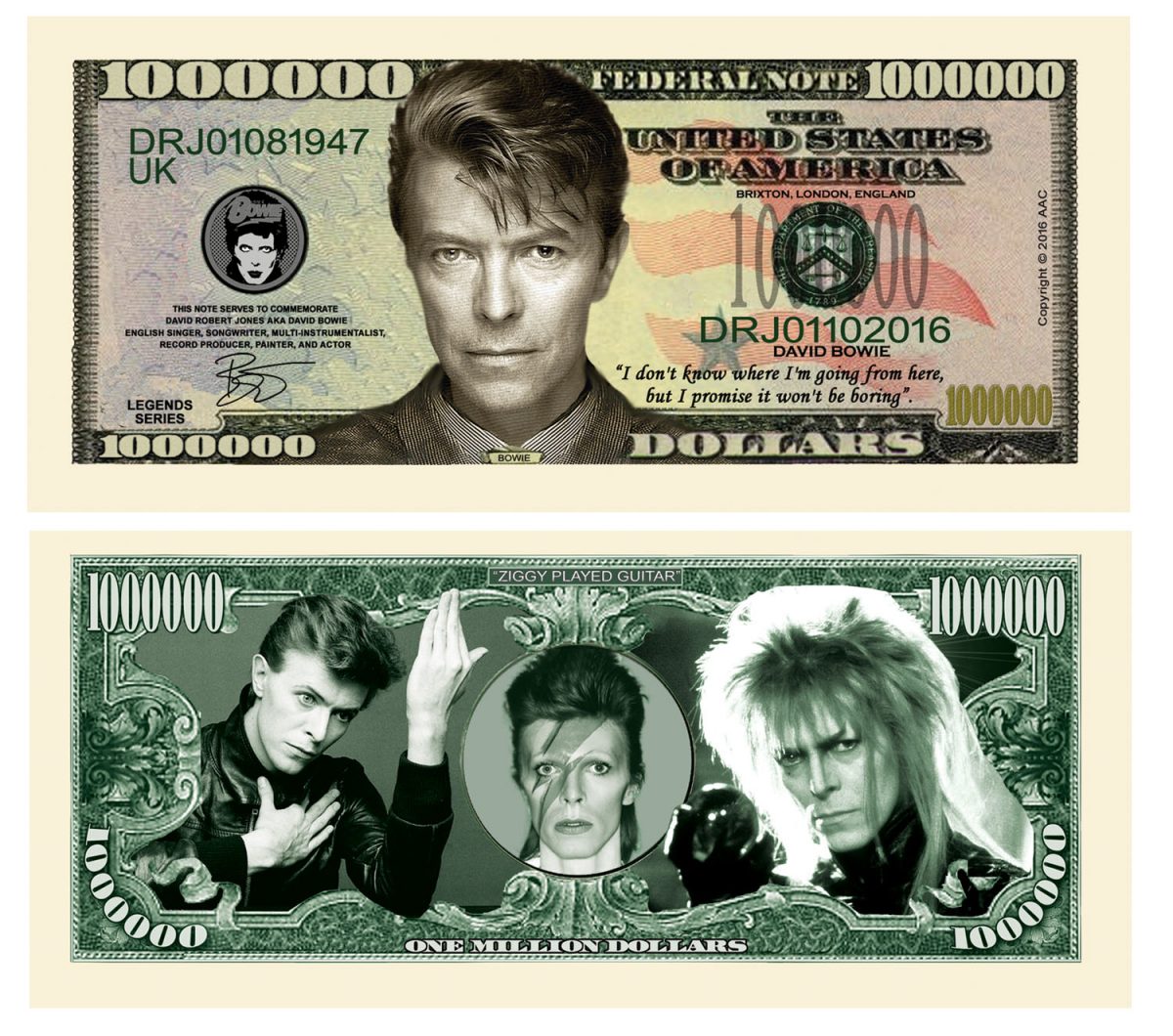 Limited Edition David Bowie Million Dollar Bill Novelty Note American