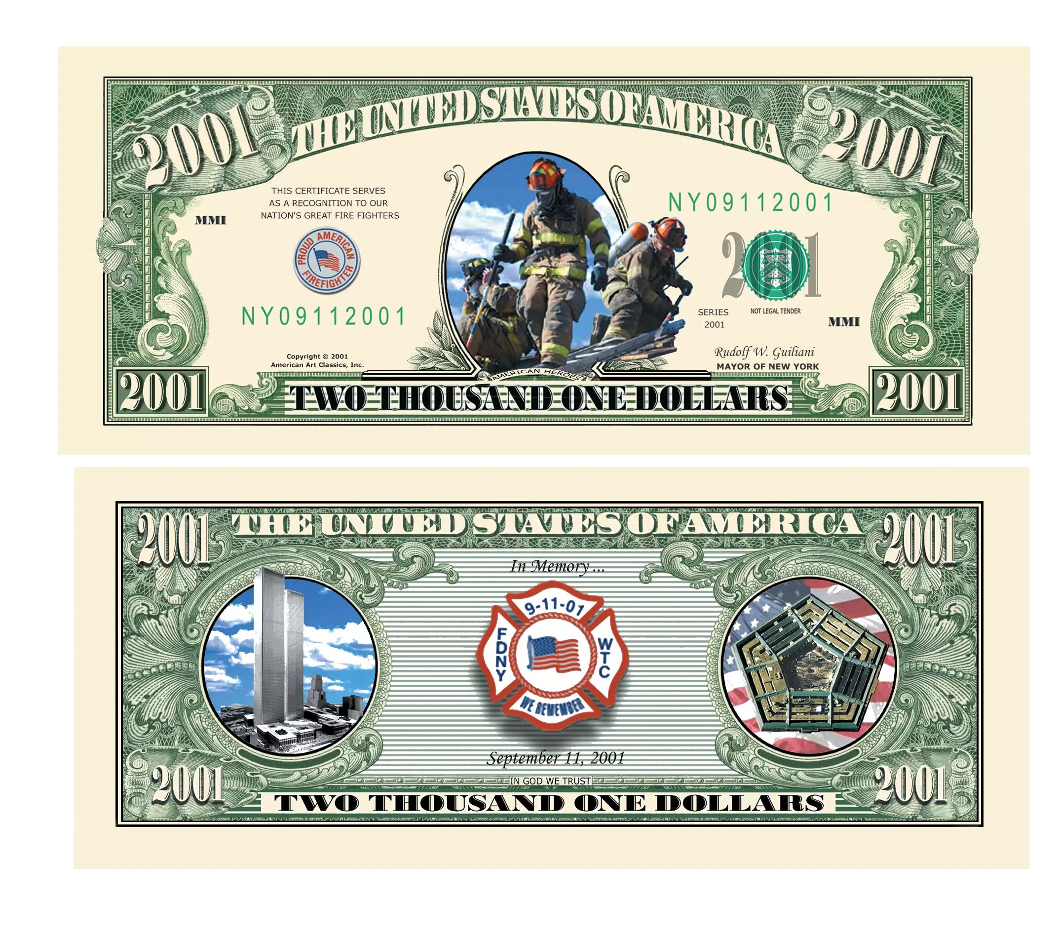 2001 Firefighter Collectible Novelty Dollar Bill