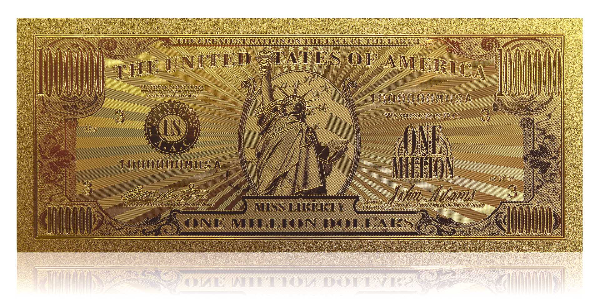 Original Miss Liberty 24k Gold Plated 1 000 000 Million Dollar Banknote American Art Classics