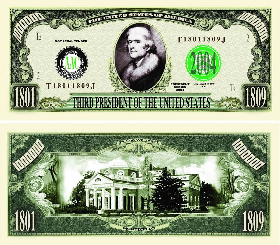 President Thomas Jefferson One Million Dollar Bill – American Art Classics