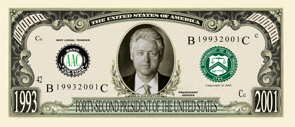 FREE SLEEVE 42nd President Bill Clinton Million Dollar Funny Money Novelty Note 