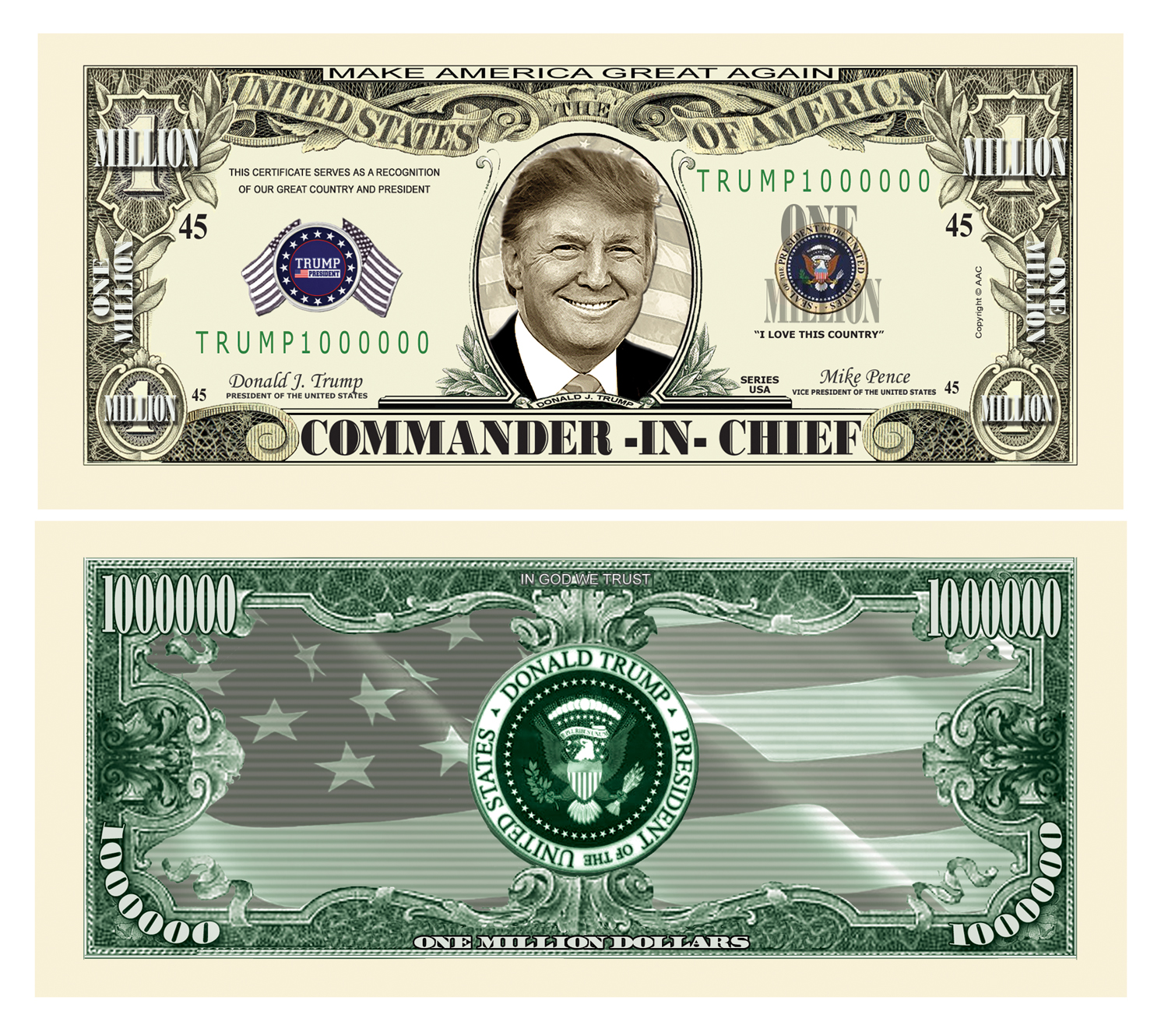 Donald Trump Commander In Chief Million Dollar Bill – American Art Classics