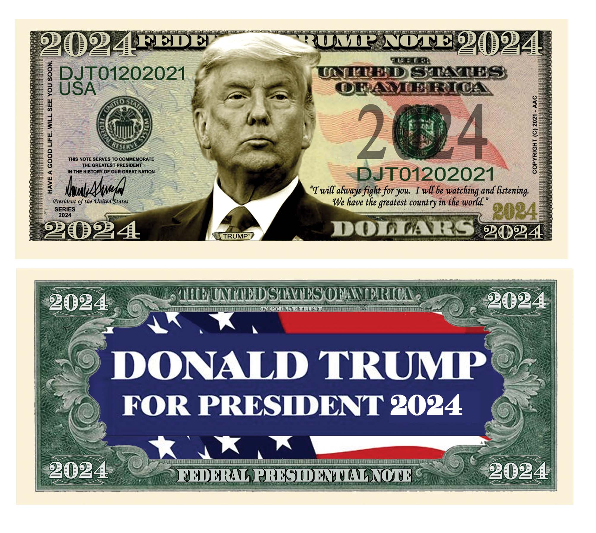 Donald Trump For President 2024 Limited Edition Novelty Dollar Bill 