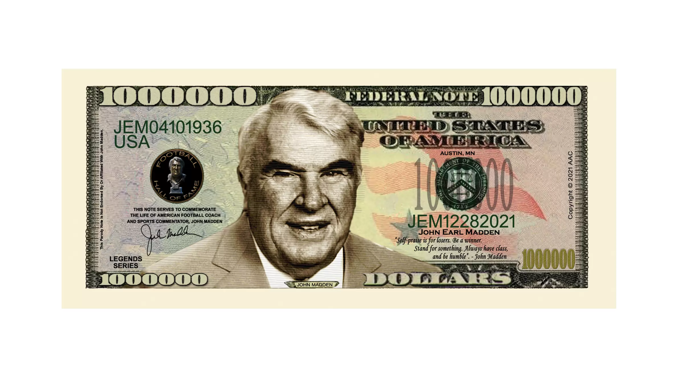 John Madden Million Dollar Novelty Collectible Bills - Image 2