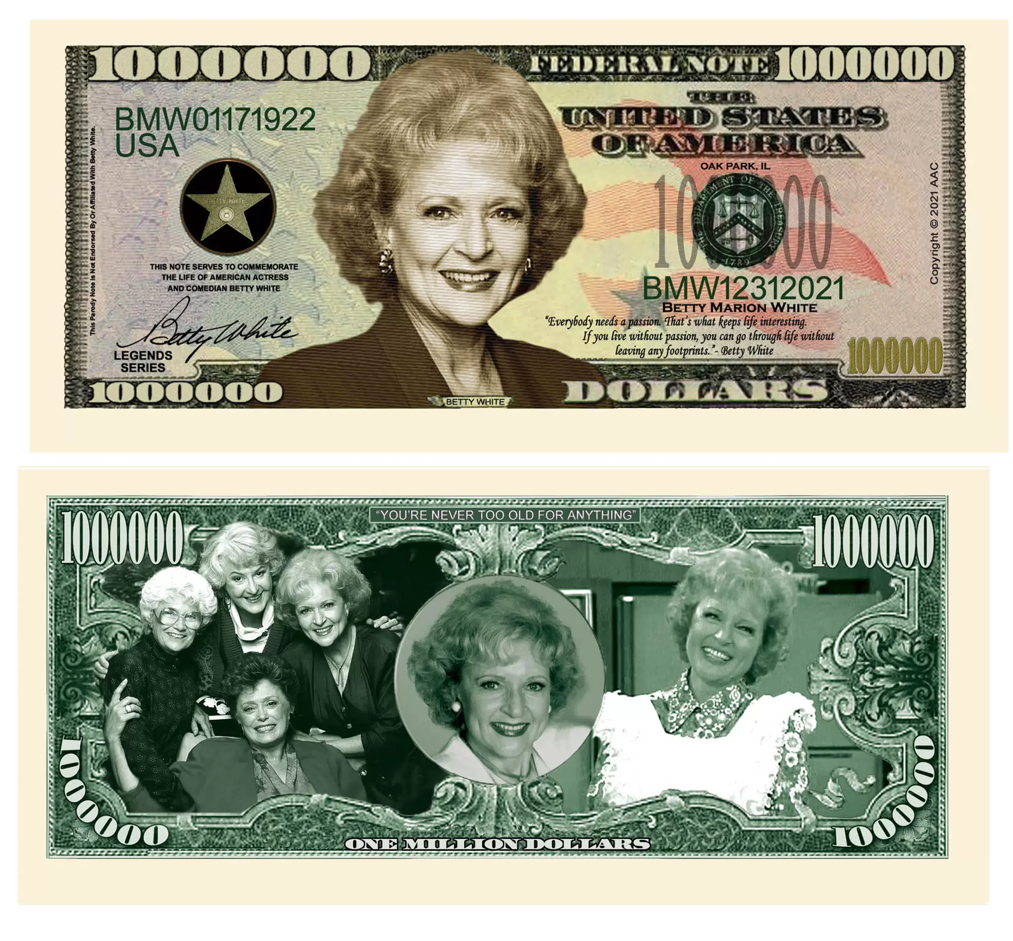Betty White Million Dollar Novelty Collectible Bills