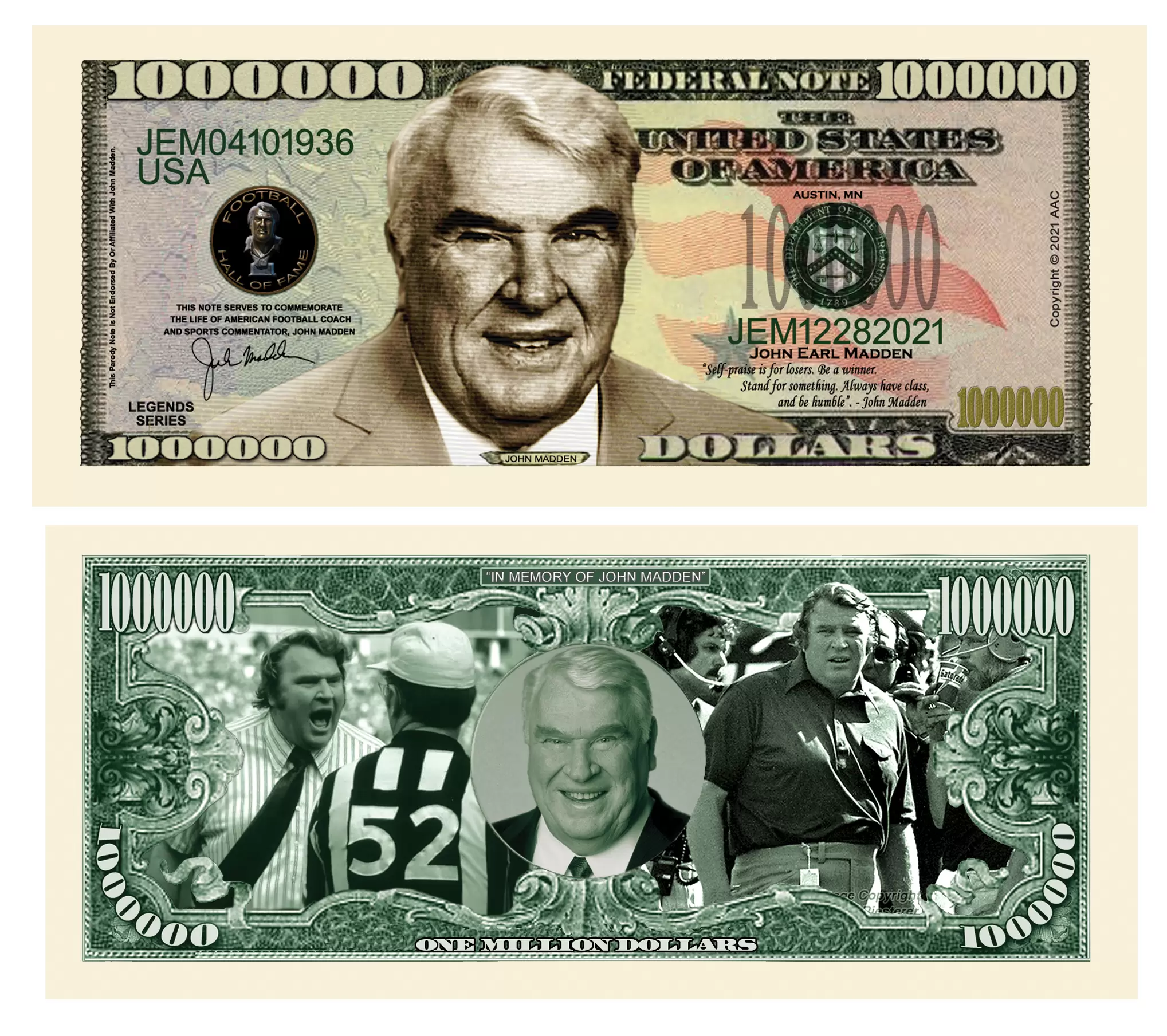 John Madden Million Dollar Novelty Collectible Bills